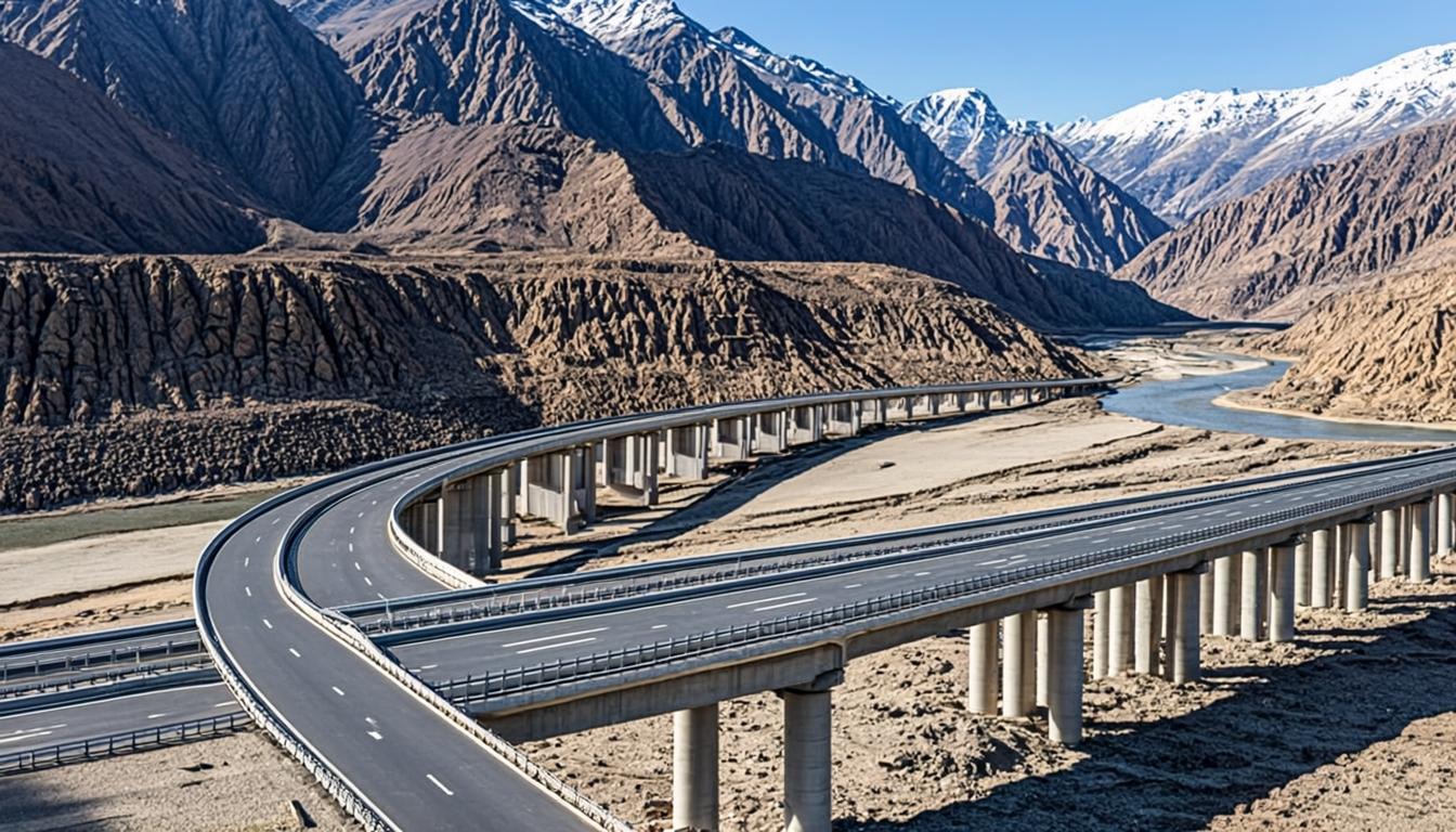 Multi-lane highway through mountainous terrain