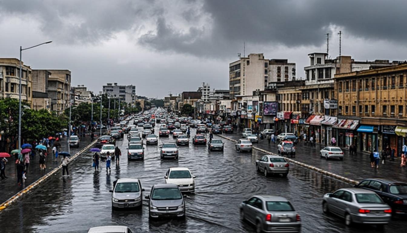 Heavy monsoon rain on an Islamabad street
